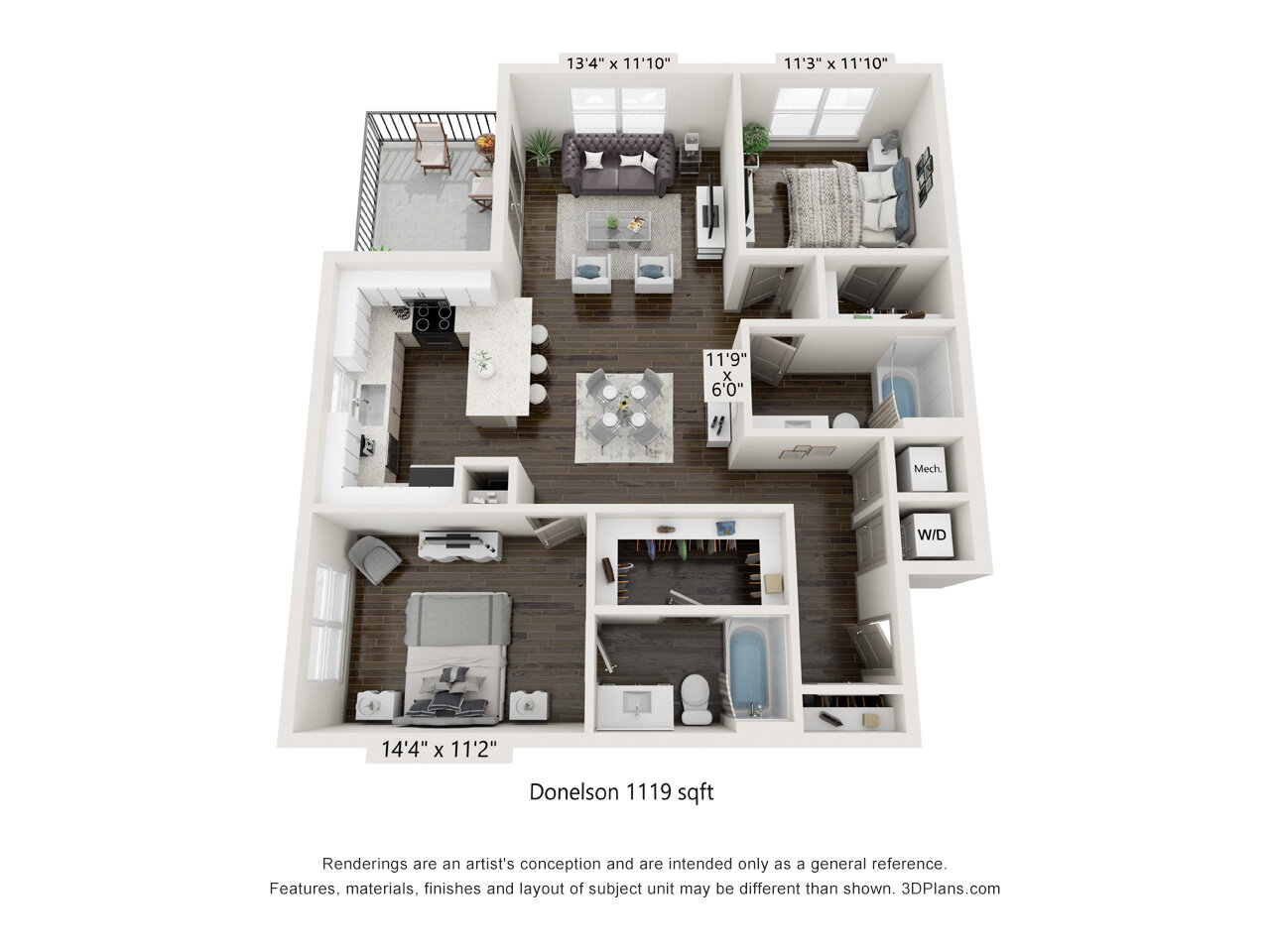 Floor plan for 2 beds, 2 baths, 1119 sqft